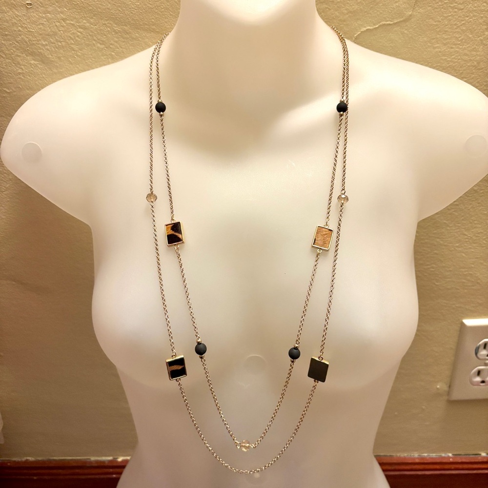 NEW Lane Bryant 2 Tier Chain Animal Print Fur Beaded Necklace Gold Tone